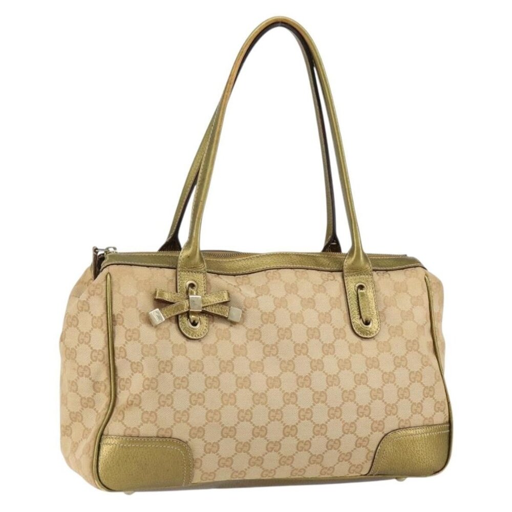 Authentic GUCCI GG Canvas Shoulder Bag Beige Gold 177052
